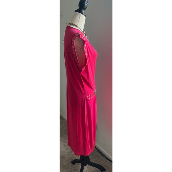 NWT Michael Kors Deep Pink Astor Studded Side Slit Short Sleeve MIDI Dress 1X - Picture 3 of 8